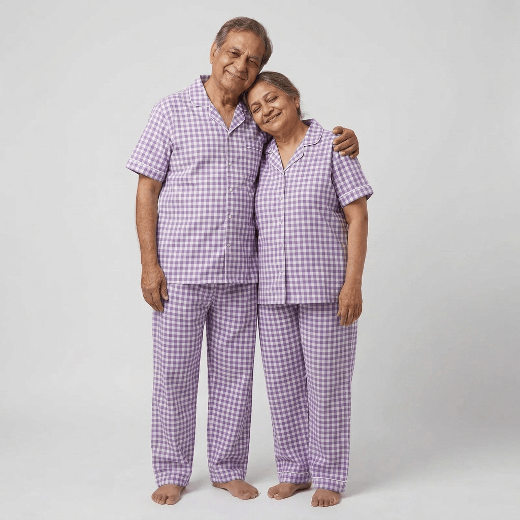Lavender Gingham matching half-sleeve night suit for grandma and grandpa, styled together