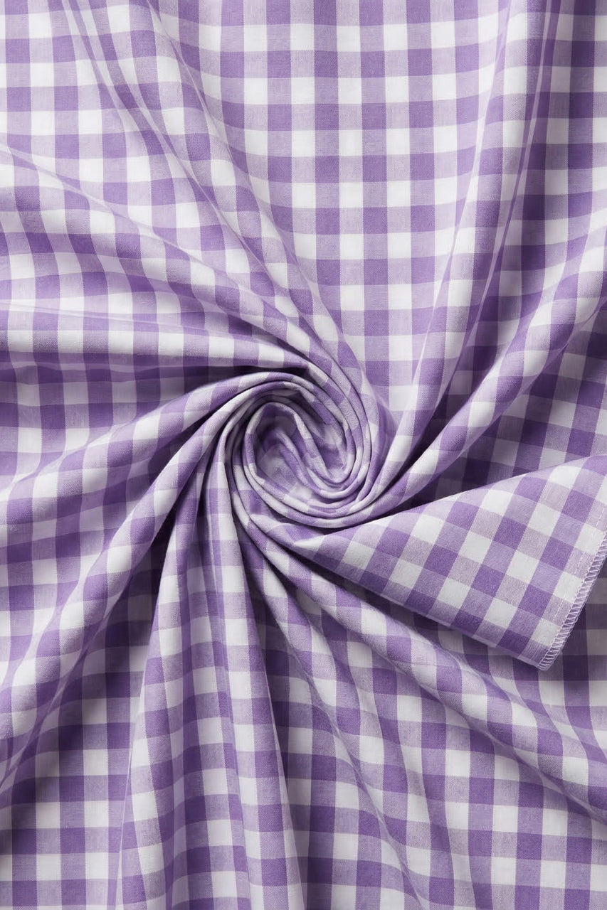 Purple and white checkered fabric in a swirl pattern