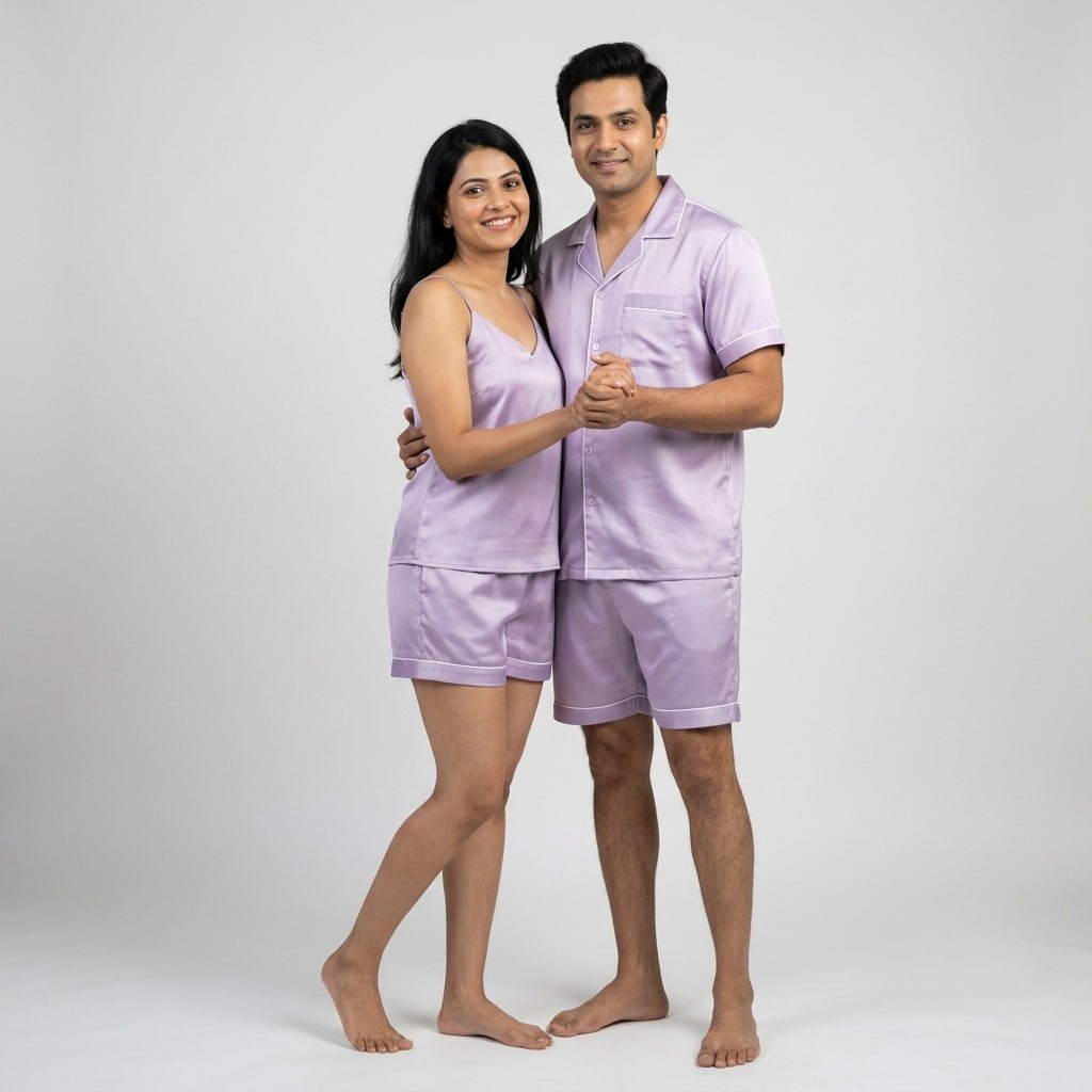 Lavender Lilac Satin couple night suit worn together