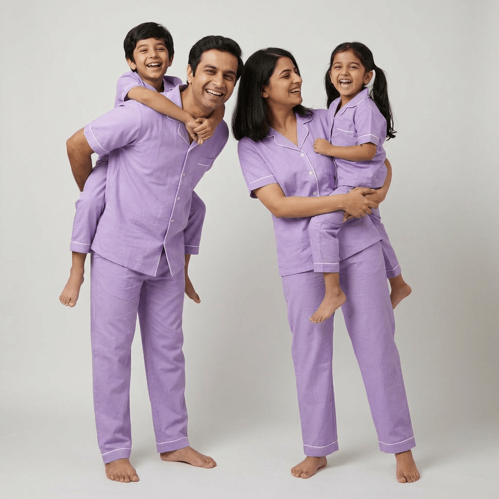 Mom, dad and the kids in matching Lavender Mist half-sleeve night suit