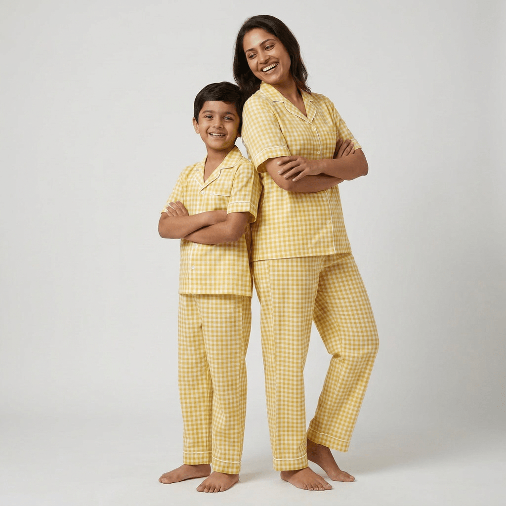 Yellow Gingham mother son night suit worn together