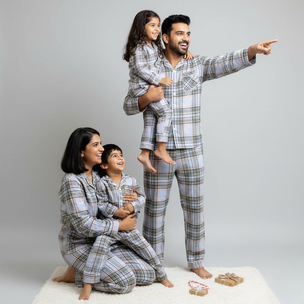 Parents and kids in matching Light Blue Checks Flannel full-sleeve night suit