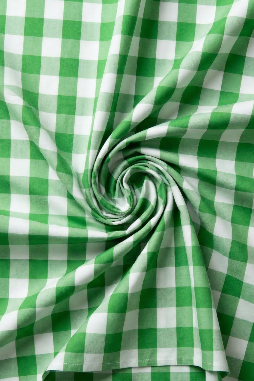 Green and white checkered fabric in a swirl pattern