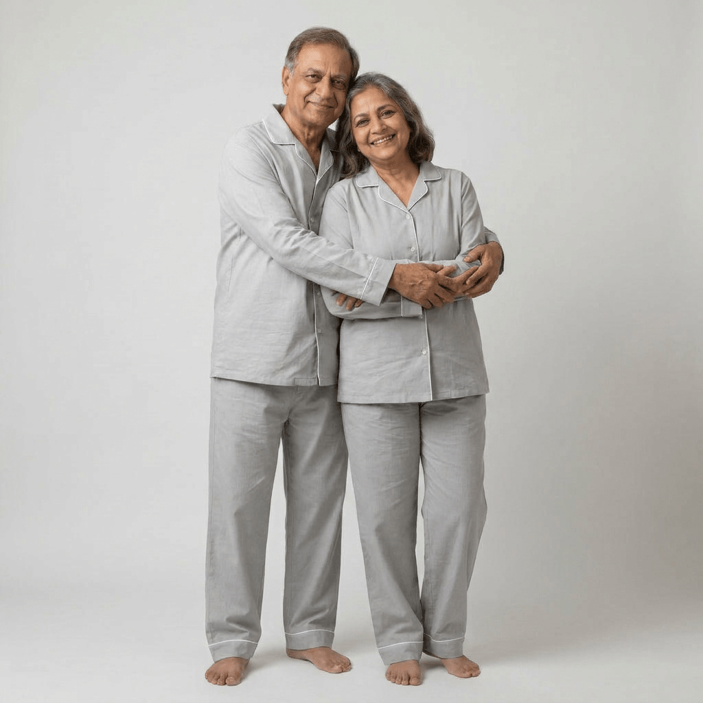 Grandma and grandpa twinning in Light Grey full-sleeve night suit by Pajama Tribe