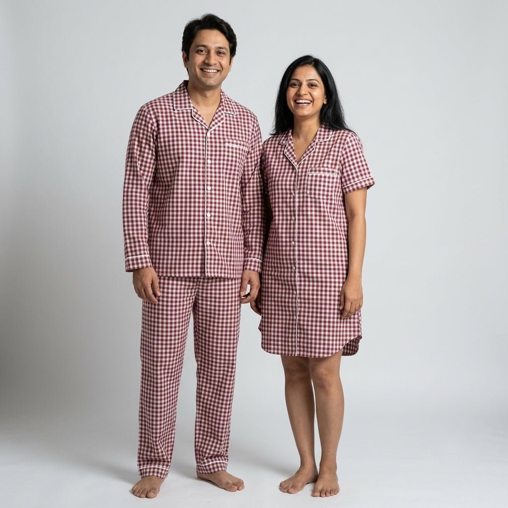 Matching Maroon Checks night suit for you and your partner