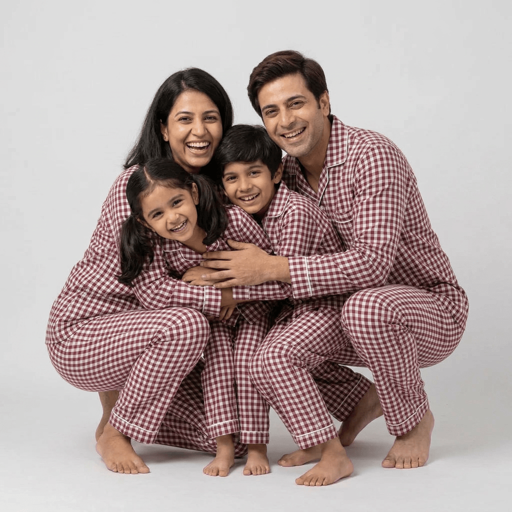Maroon Gingham matching full-sleeve night suit for the whole family, styled together