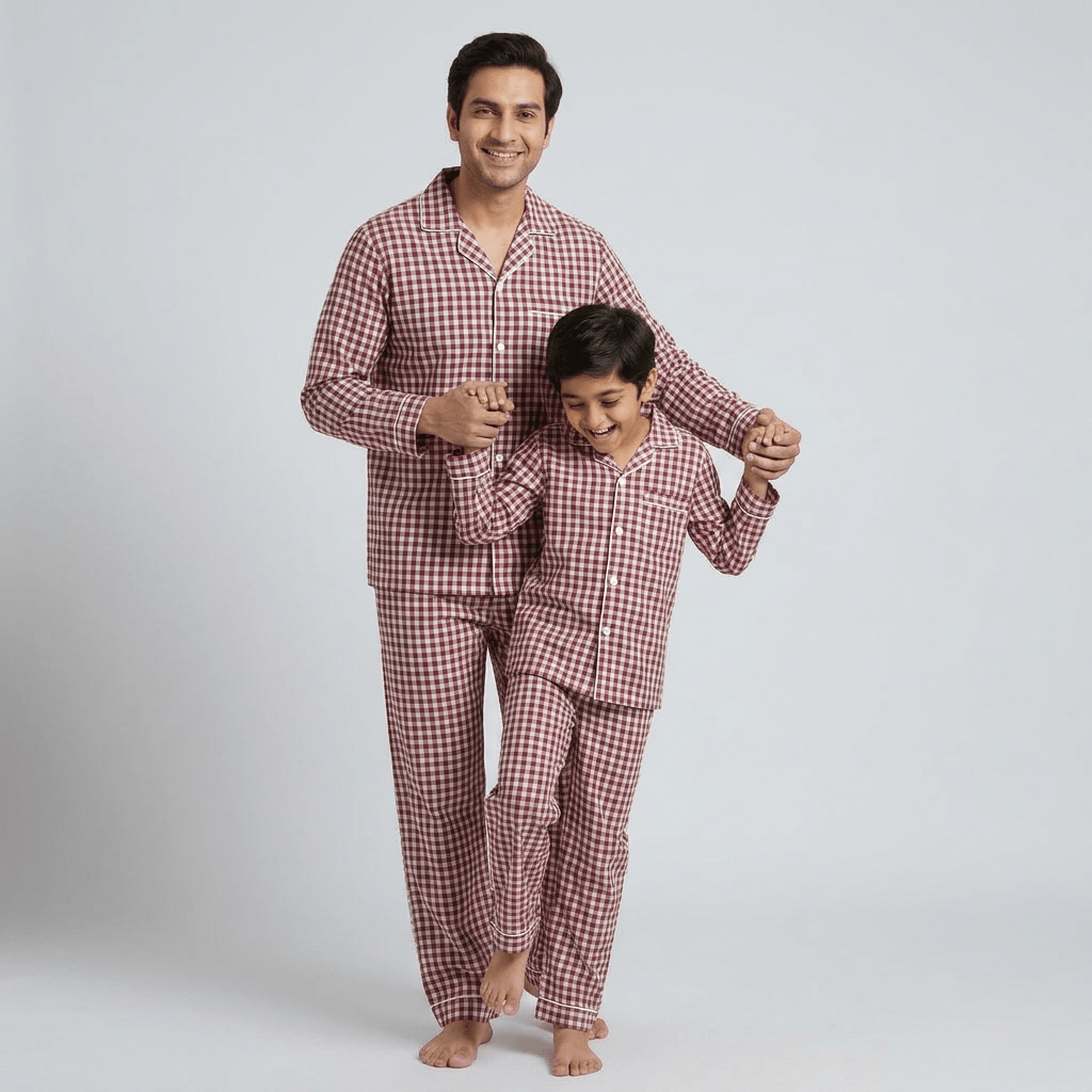 Maroon Gingham father son night suit worn together