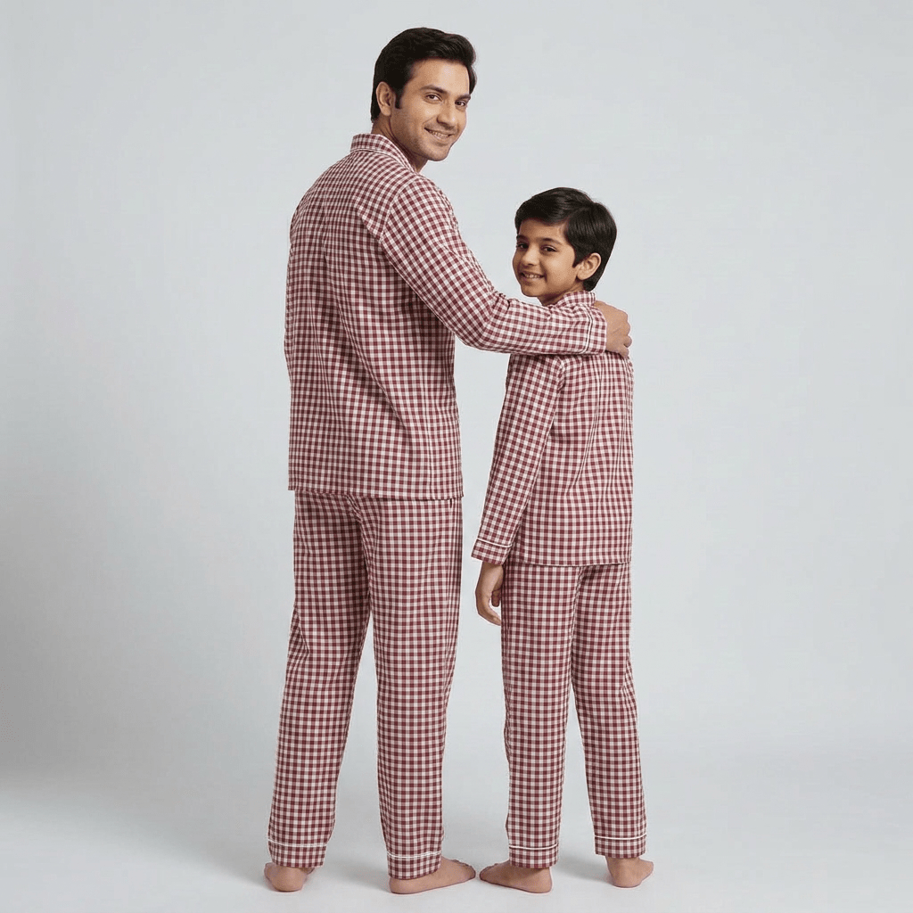 Matching Maroon Gingham full-sleeve night suit for dad and son