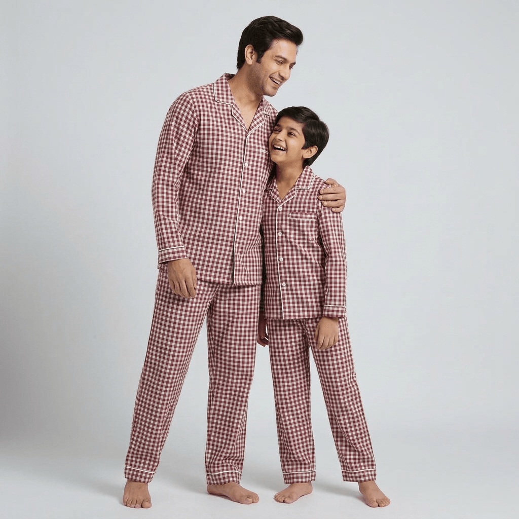 Father and son twinning in Maroon Gingham full-sleeve night suit by Pajama Tribe
