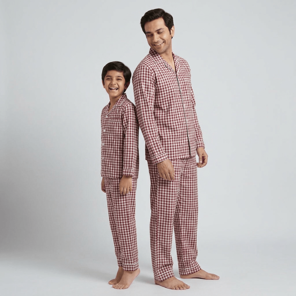 Maroon Gingham matching full-sleeve night suit for dad and son, styled together