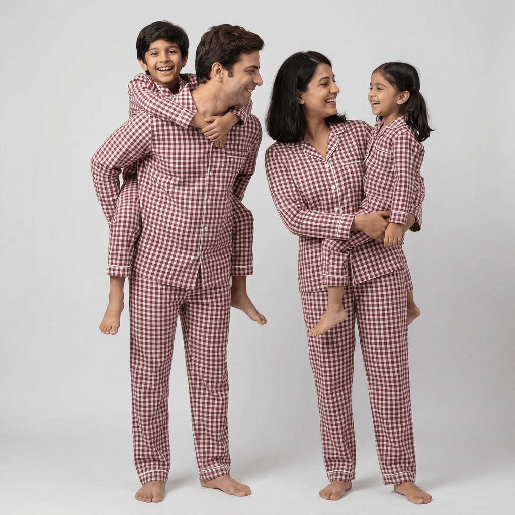 Pajama Tribe Maroon Gingham family night suit set