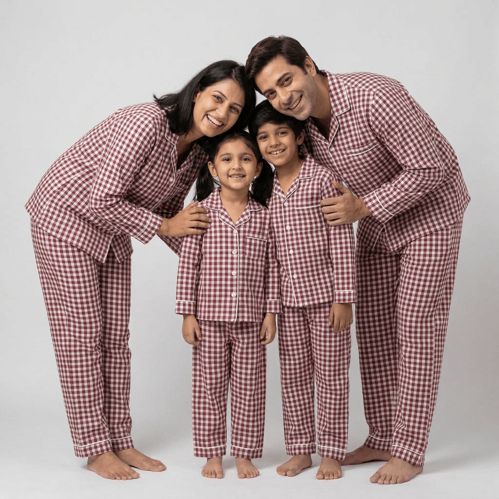 Mumma, papa and the little ones in matching Maroon Gingham full-sleeve night suit
