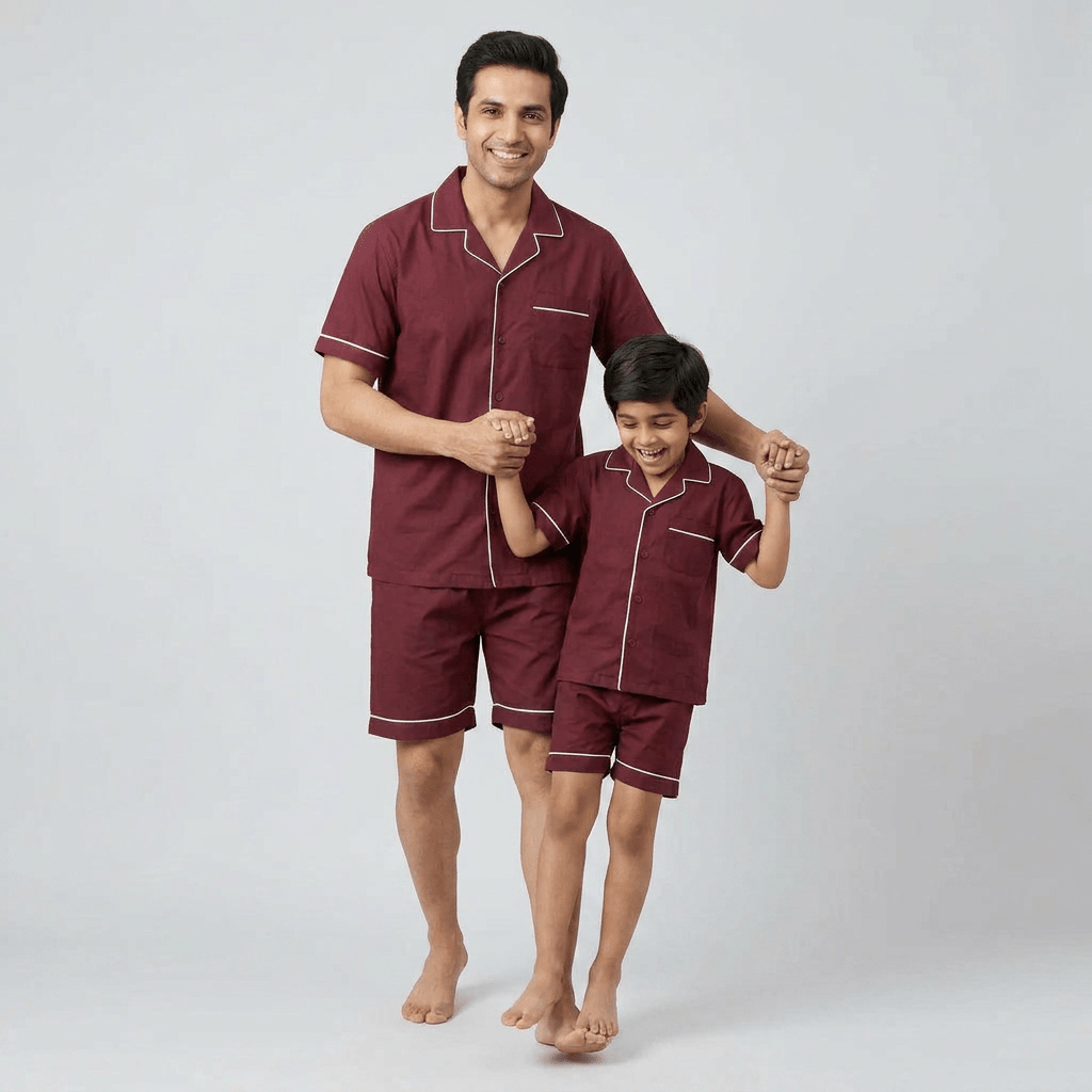 Dad and son in matching Maroon shorts set