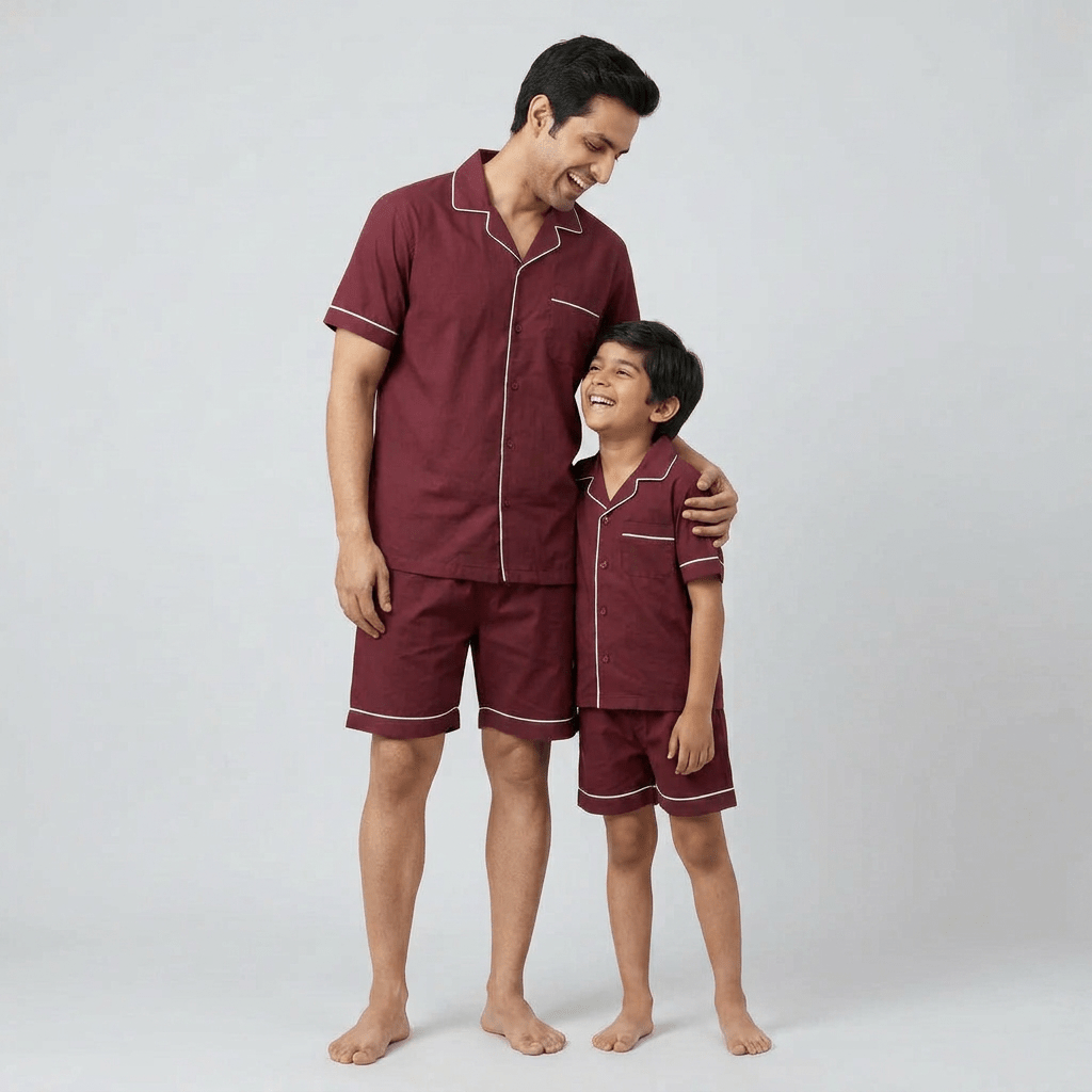 Maroon daddy and me pajama set worn together