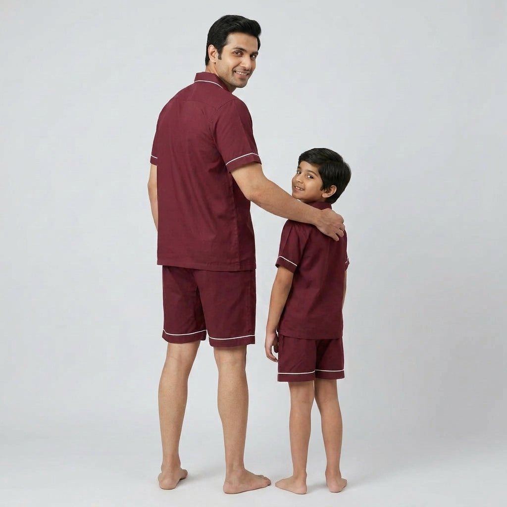 Matching Maroon shorts set for papa and his boy