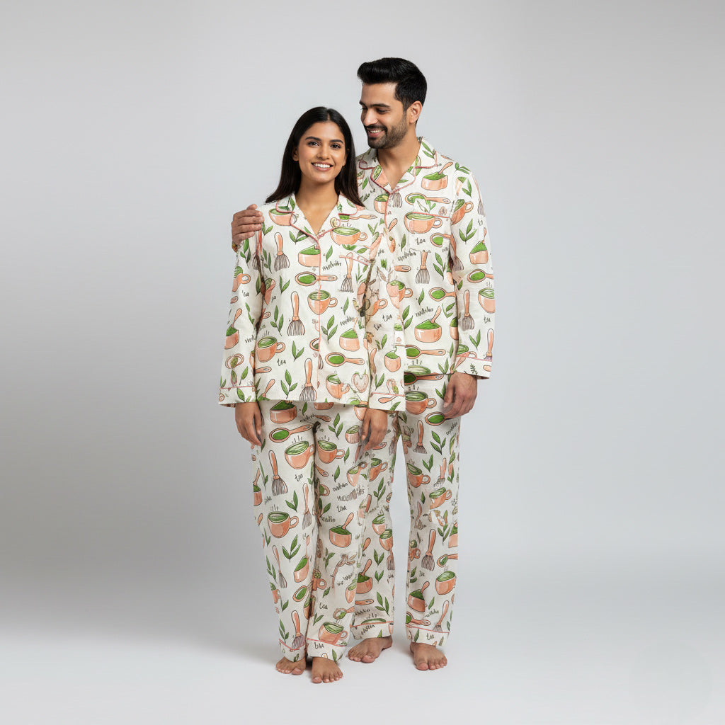 Matcha tea inspired couple nightwear set styled as matching pajamas