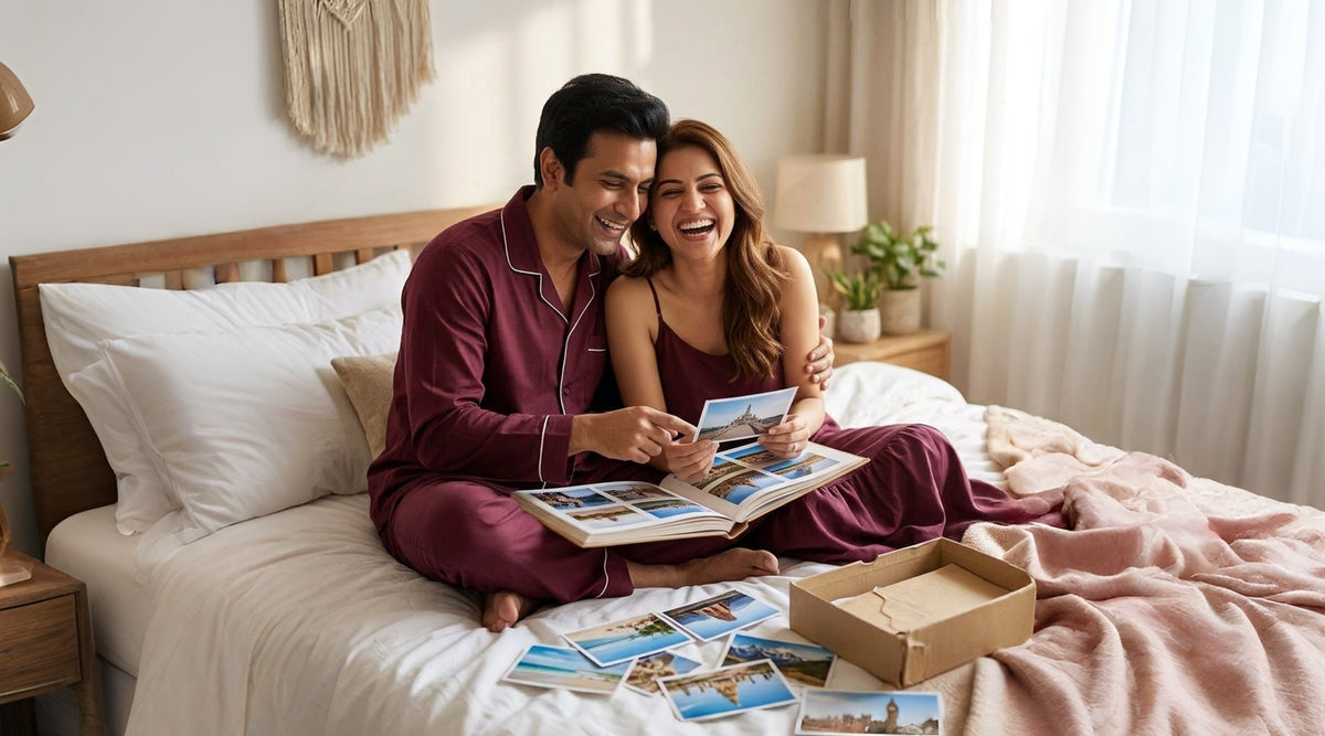 Couple wearing matching pajamas during a relaxed movie night at home.