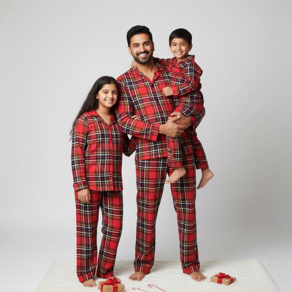 Merry Red Checks Flannel matching family pajamas worn together