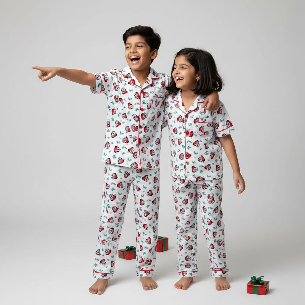 Siblings in Mickey Mouse matching pajama set, cartoon-themed coordinated sleepwear.