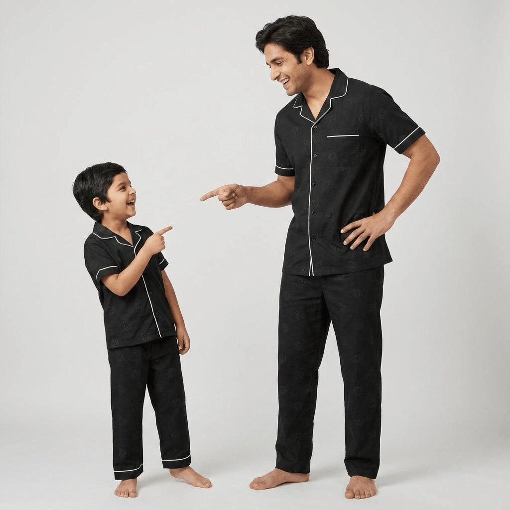 Dad and son in matching Midnight Black half-sleeve night suit