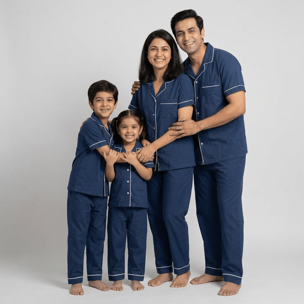 Matching Navy Blue half-sleeve night suit for parents and kids