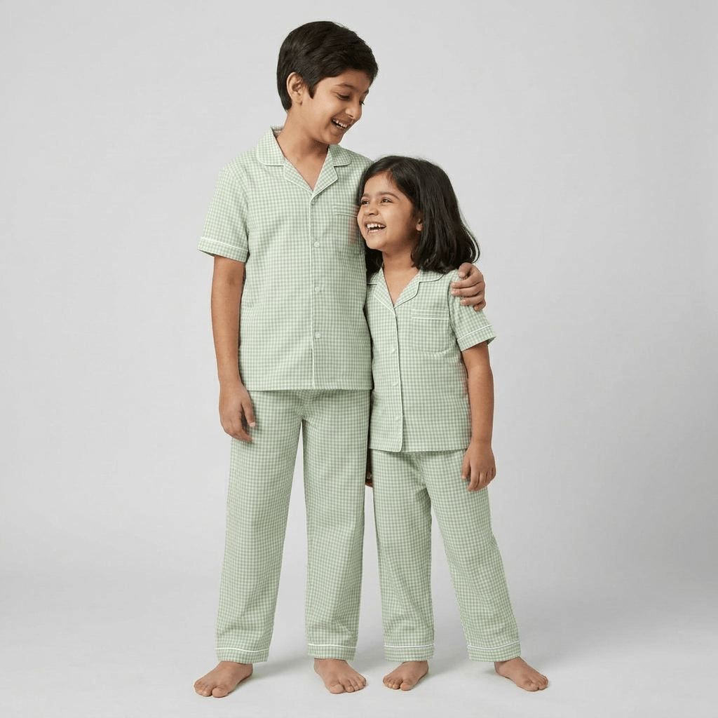 Matching Mint Green Gingham half-sleeve night suit for brother and sister