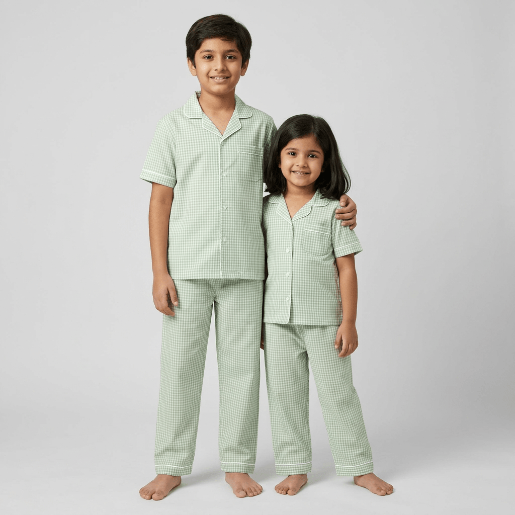 Brother and sister twinning in Mint Green Gingham half-sleeve night suit by Pajama Tribe
