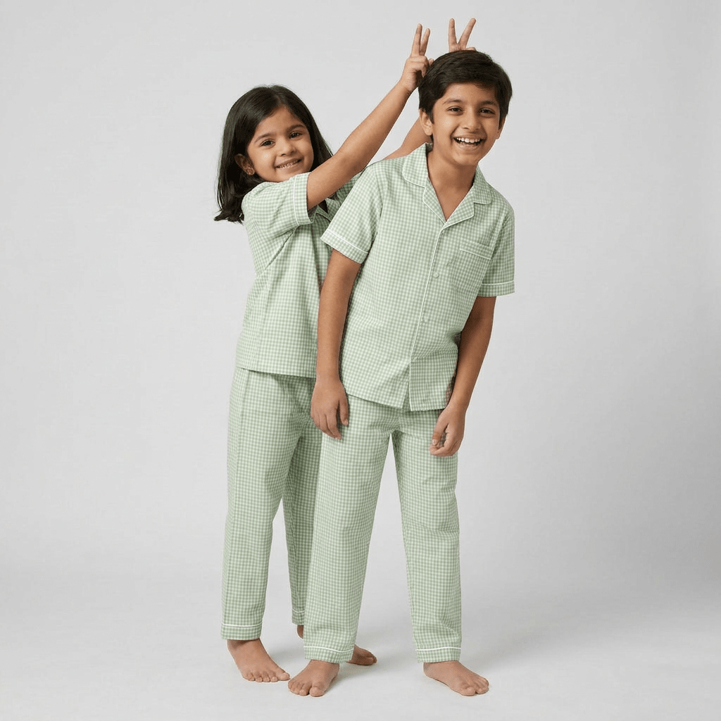 Mint Green Gingham brother sister night suit worn together