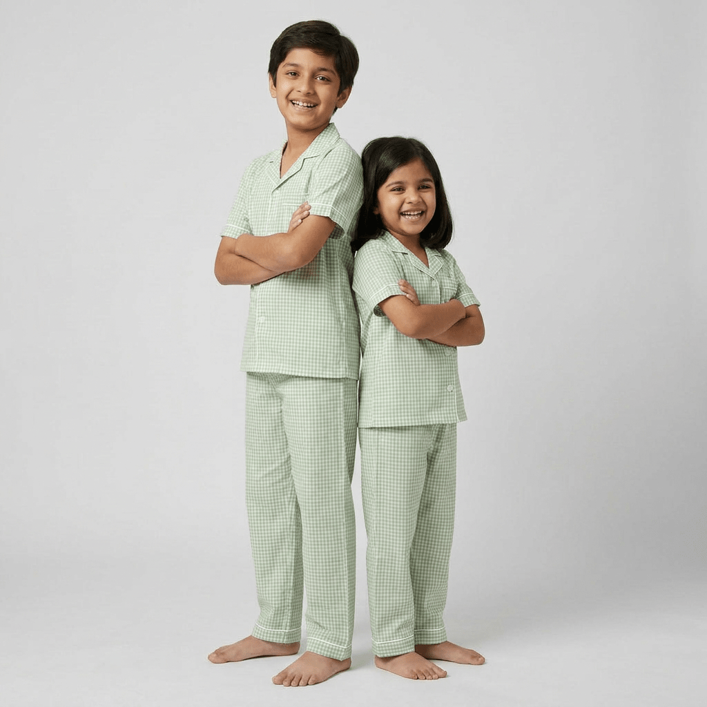 Mint Green Gingham matching half-sleeve night suit for brother and sister, styled together
