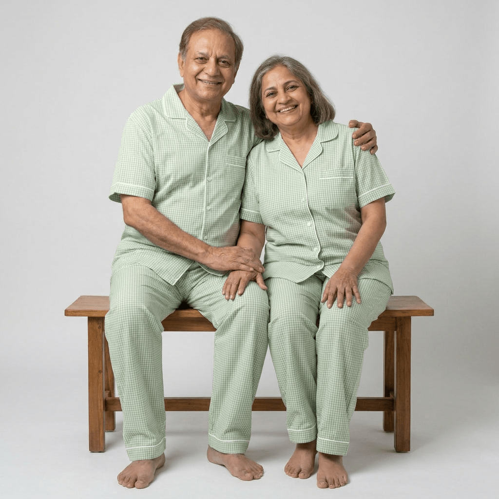 Dada and dadi twinning in Mint Green Gingham half-sleeve night suit by Pajama Tribe