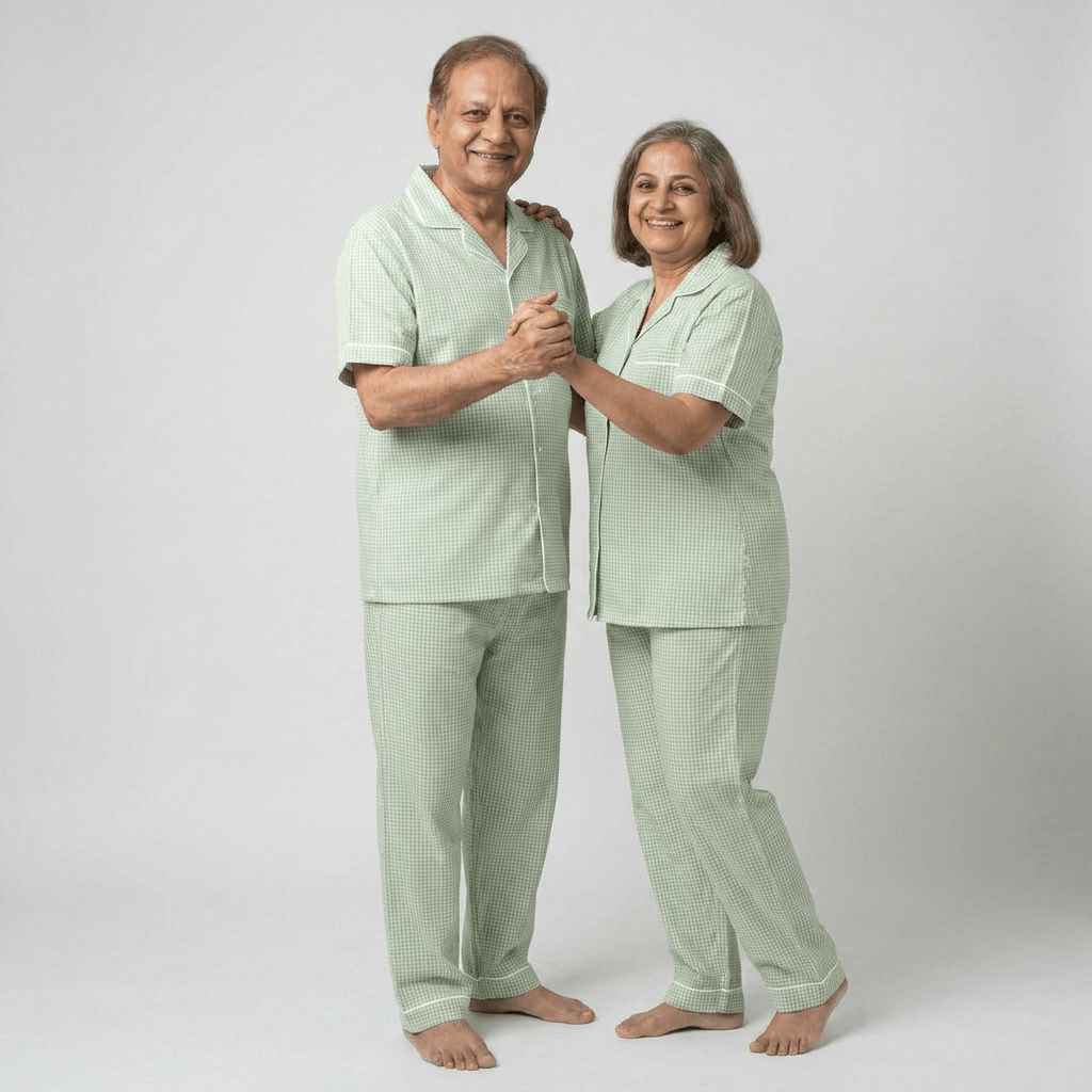 Mint Green Gingham matching half-sleeve night suit for your parents, styled together