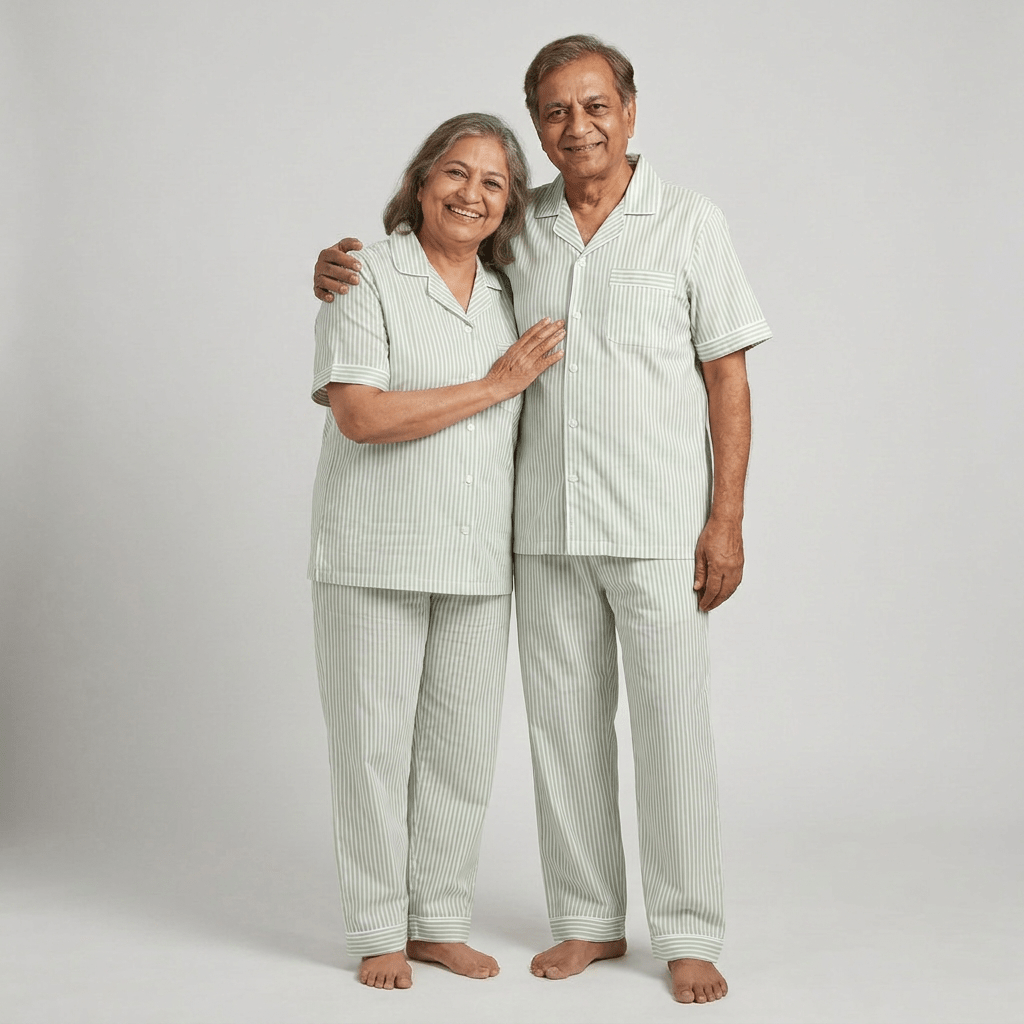 Mint Green Pinstripes matching half-sleeve night suit for dada and dadi, styled together