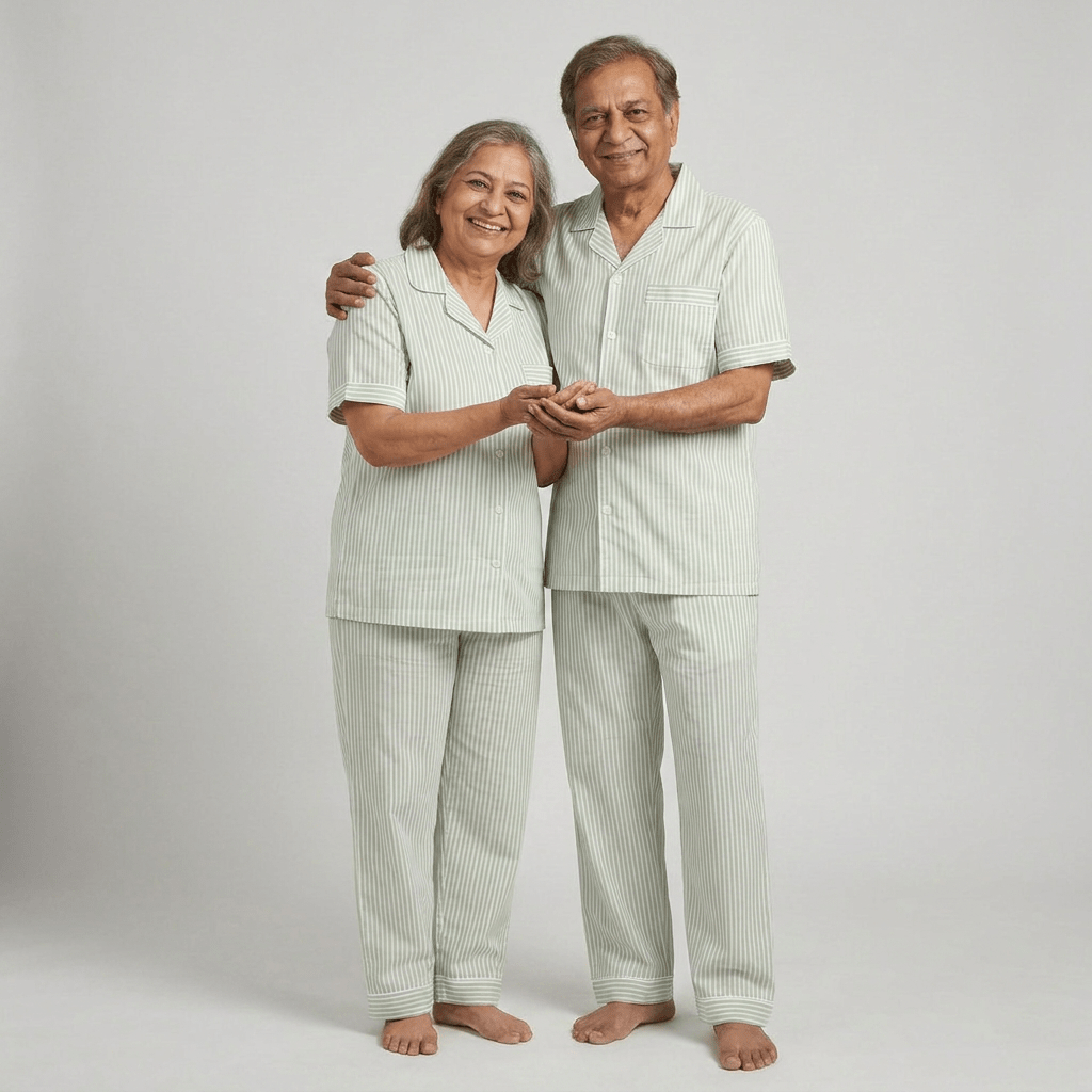 Dada and dadi in matching Mint Green Pinstripes half-sleeve night suit