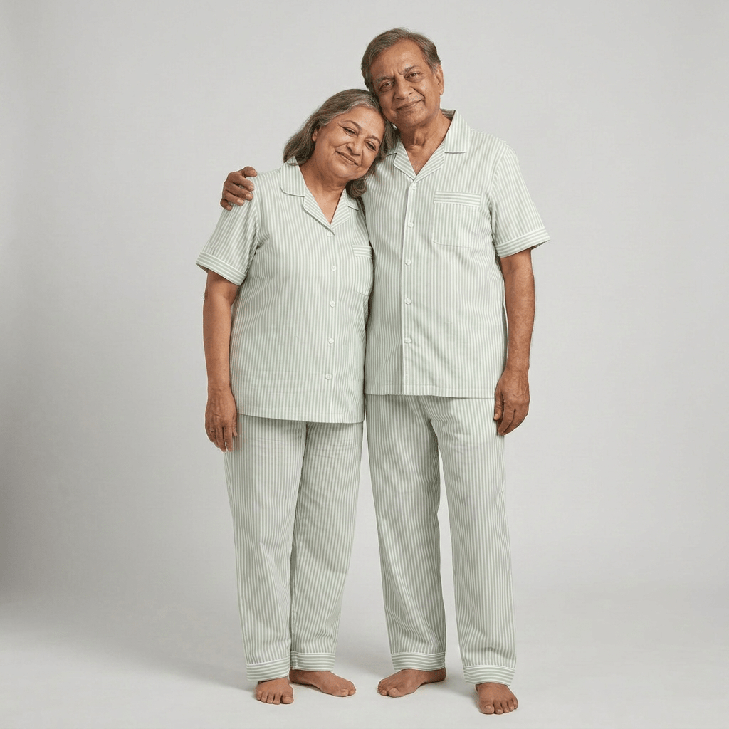 Mint Green Pinstripes grandparents matching night suit worn together