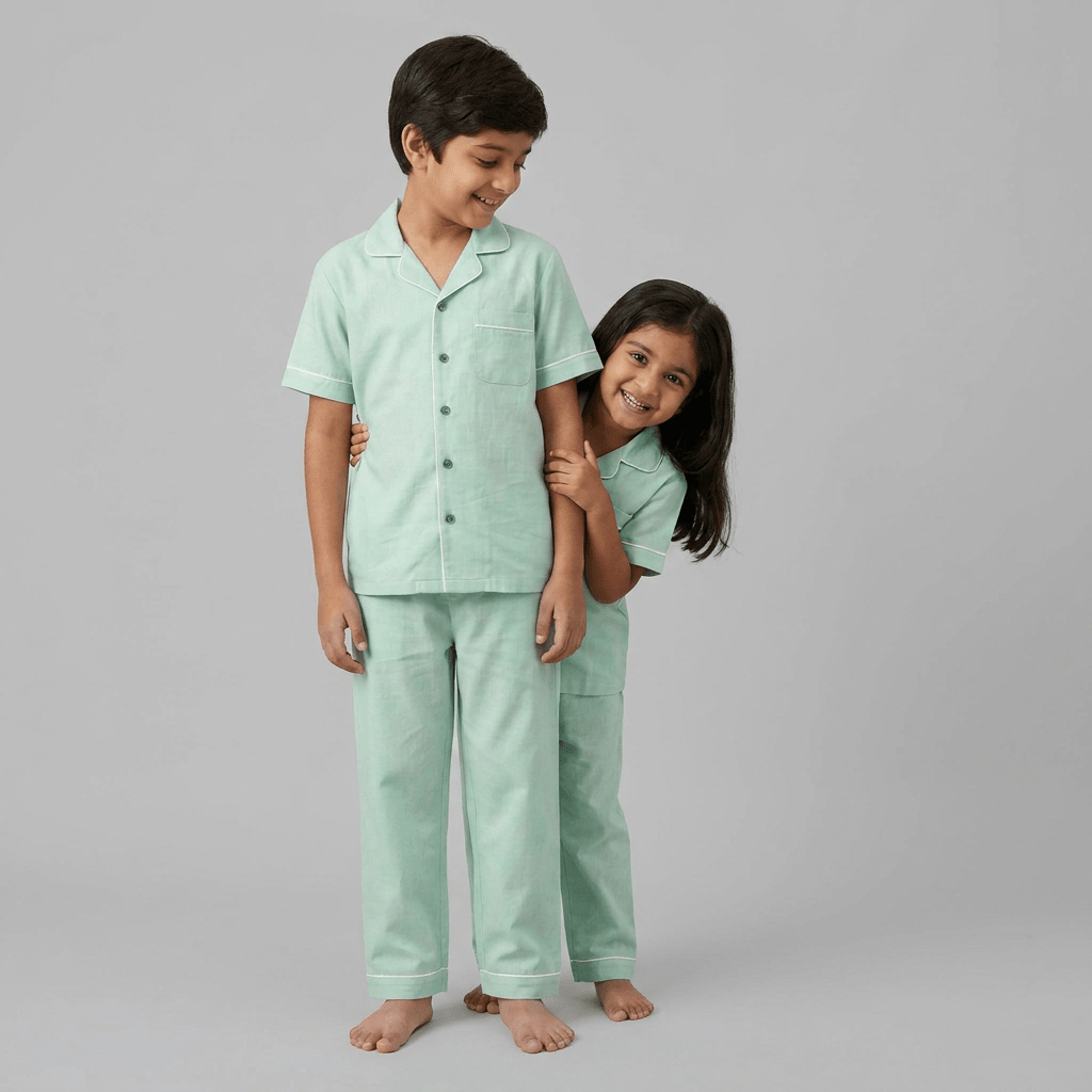 Mint Green siblings matching pajamas worn together