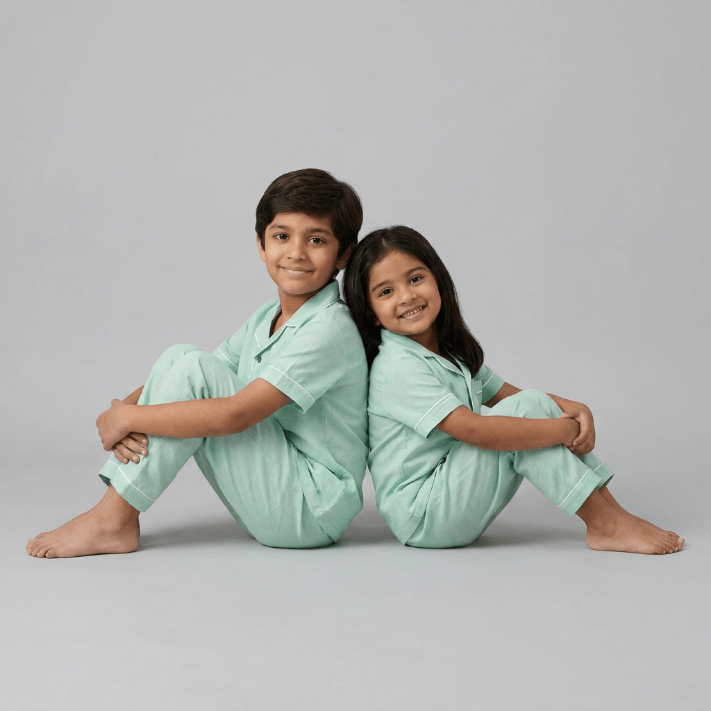 Matching Mint Green half-sleeve night suit for the siblings