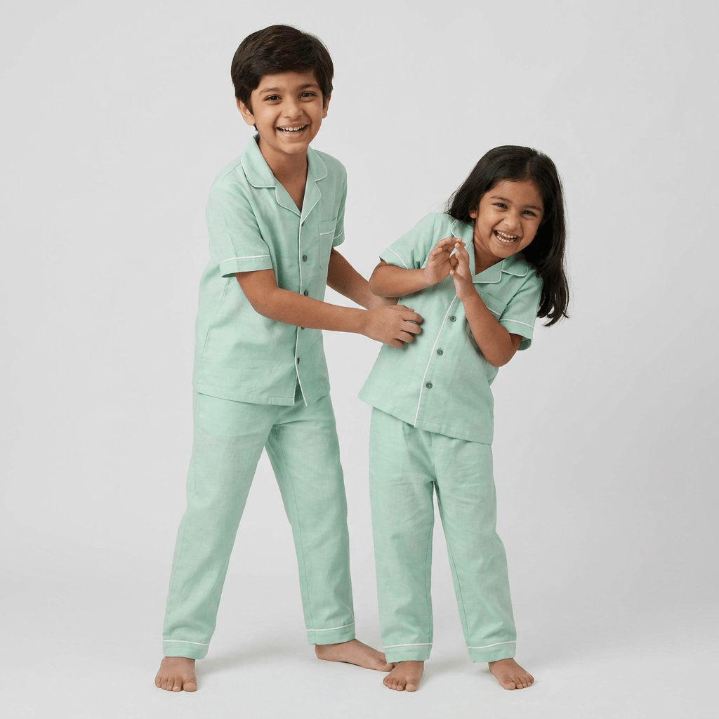 The siblings twinning in Mint Green half-sleeve night suit by Pajama Tribe