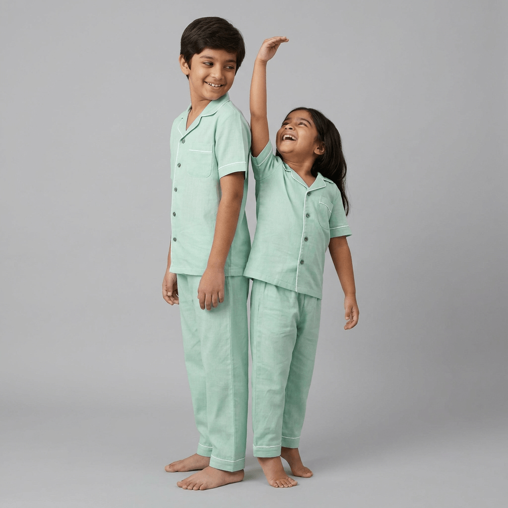Brother and sister in matching Mint Green half-sleeve night suit