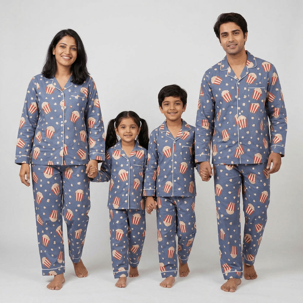 The whole family twinning in Movie Night Popcorn night suit by Pajama Tribe