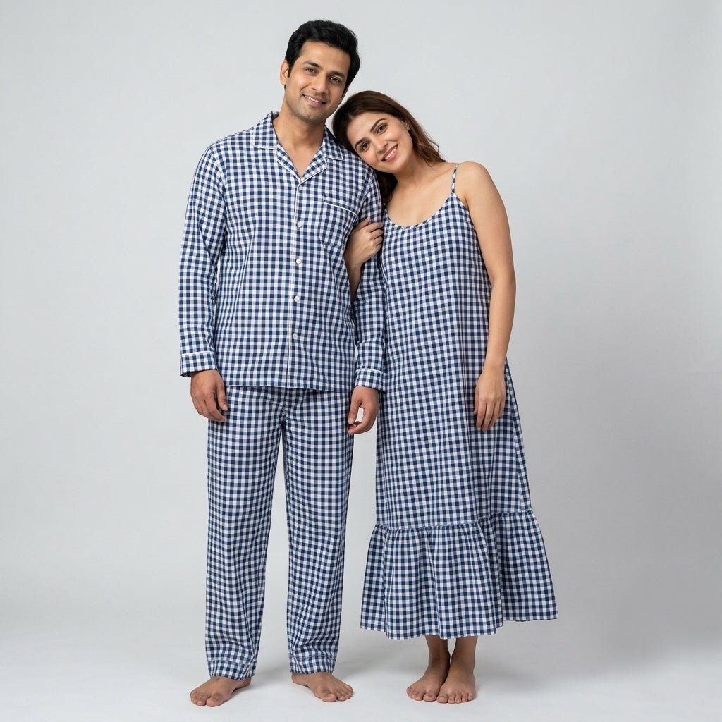 You and your partner twinning in Navy Blue Checks night suit by Pajama Tribe