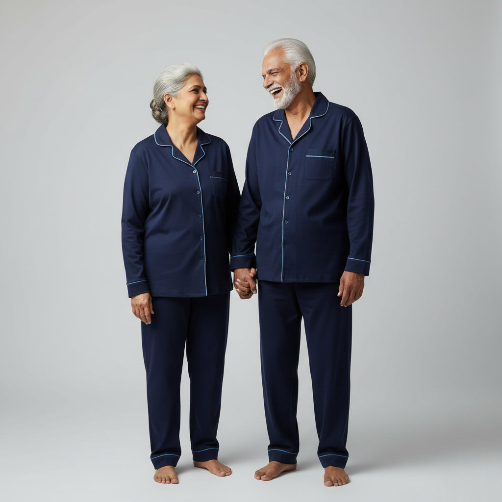 Elderly couple wearing navy blue matching pajamas, simple coordinated nightwear.