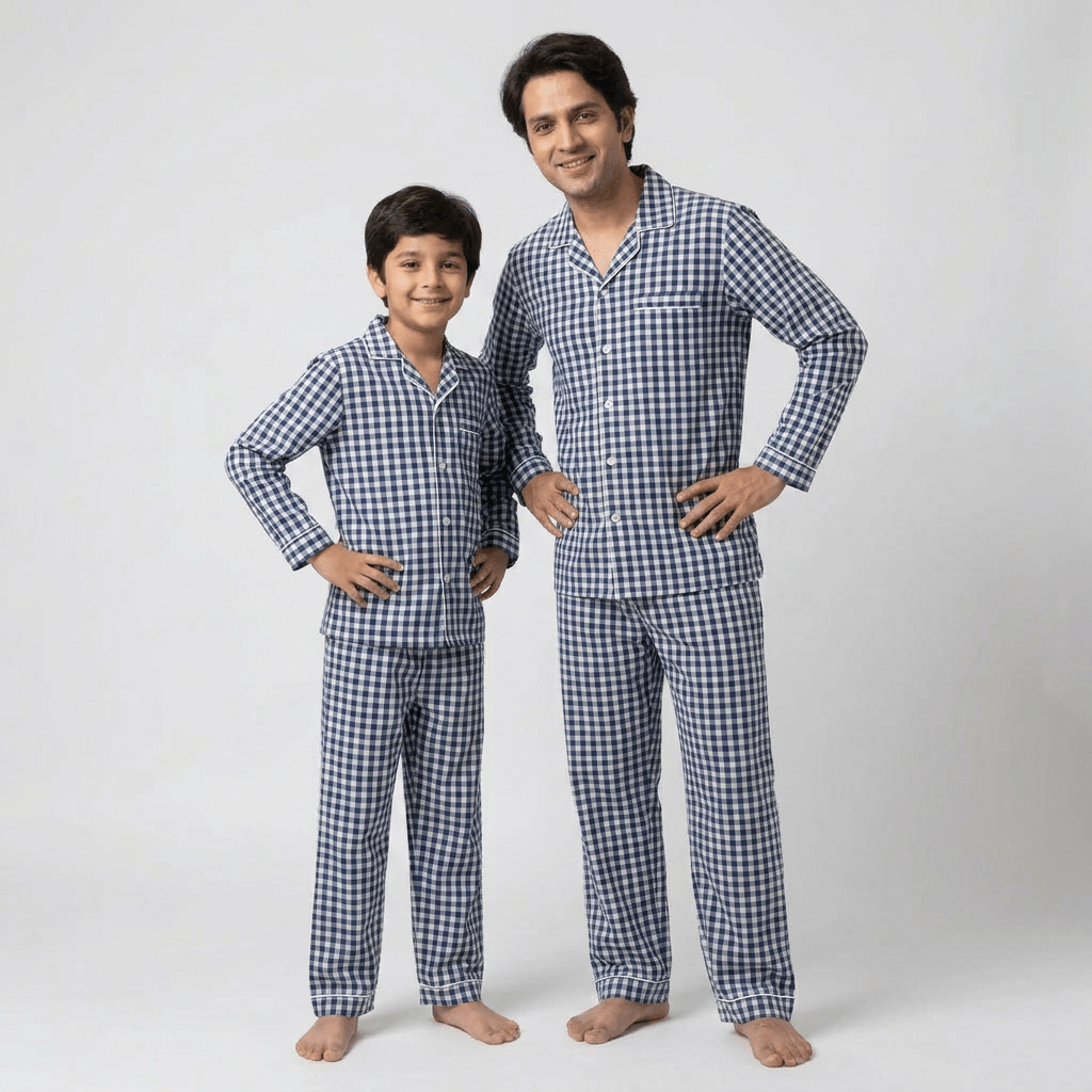 Navy Blue Gingham dad and son matching pajamas worn together