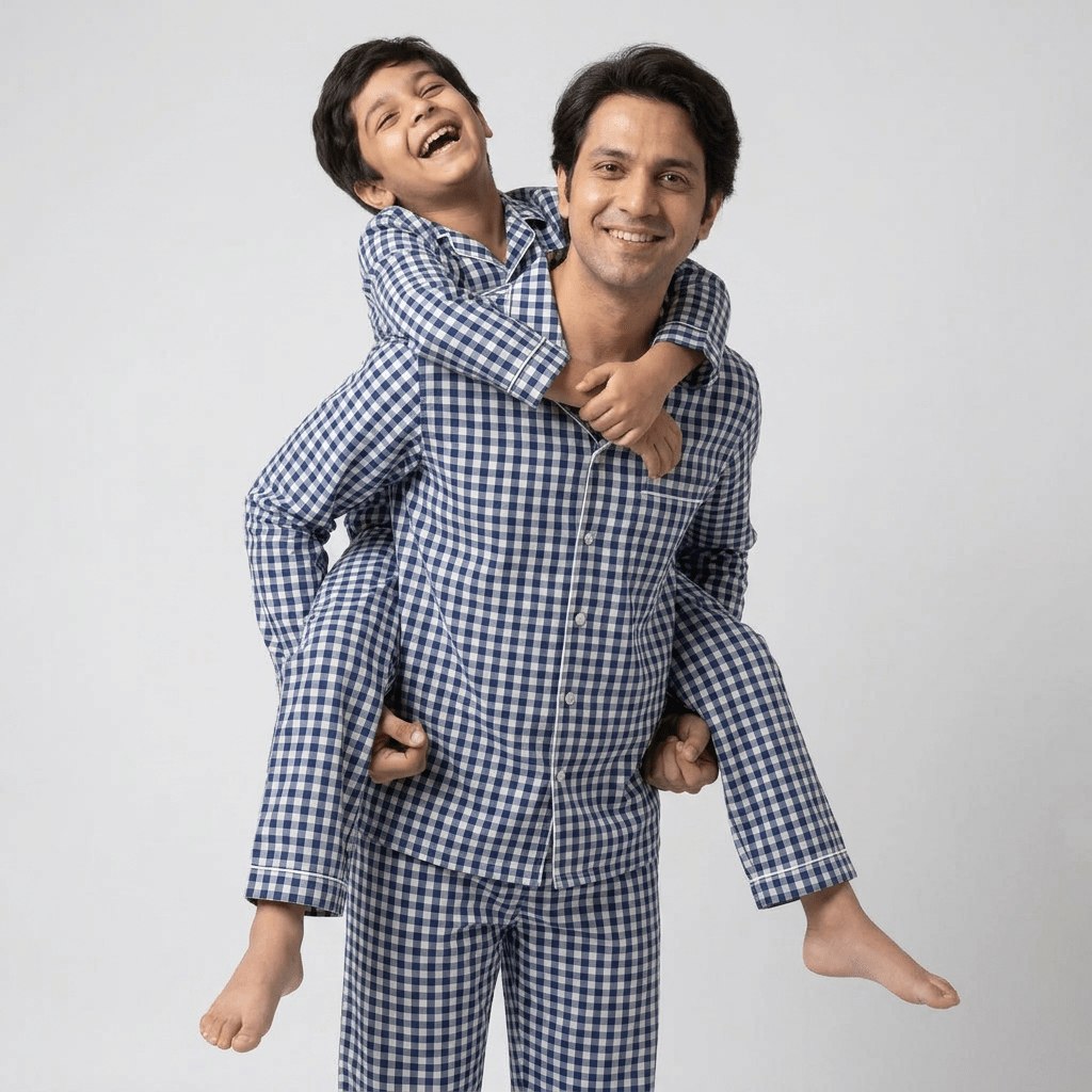 Father and son in matching Navy Blue Gingham full-sleeve night suit