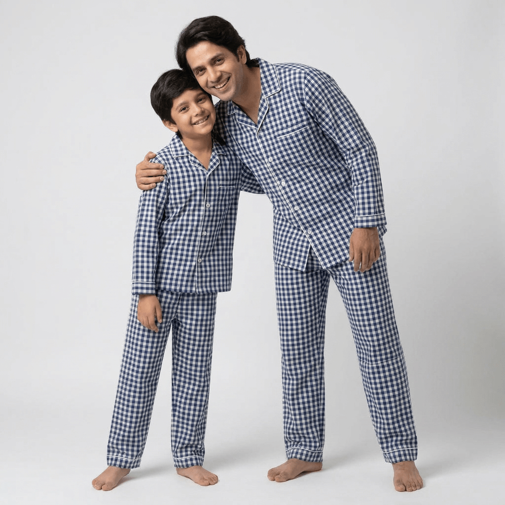 Matching Navy Blue Gingham full-sleeve night suit for dad and son