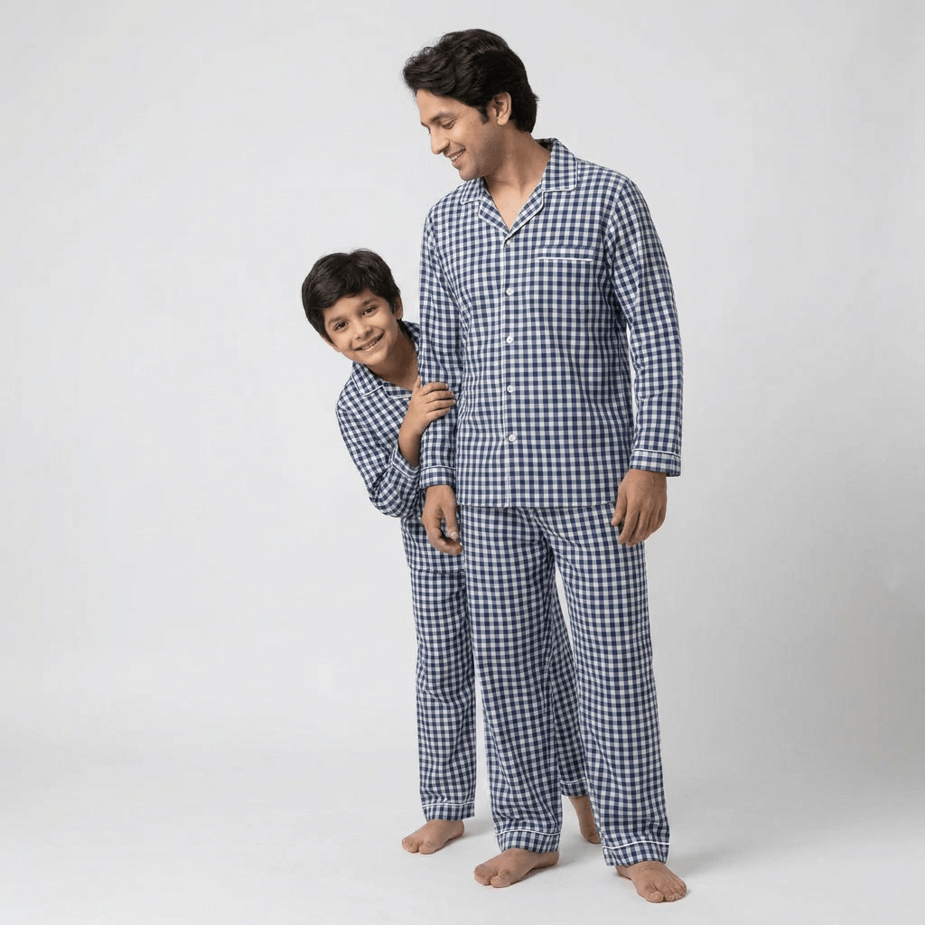 Papa and his boy twinning in Navy Blue Gingham full-sleeve night suit by Pajama Tribe