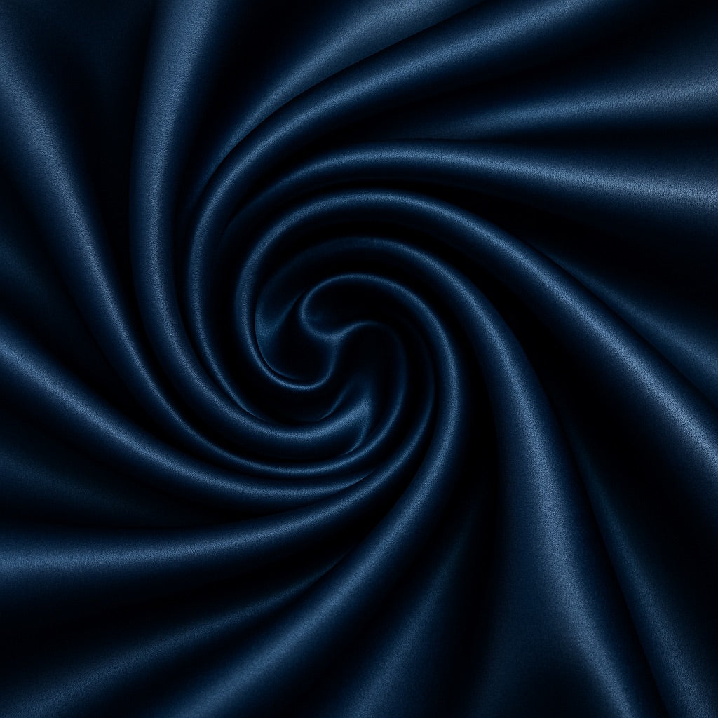 Close-up of navy blue satin fabric with a swirling pattern