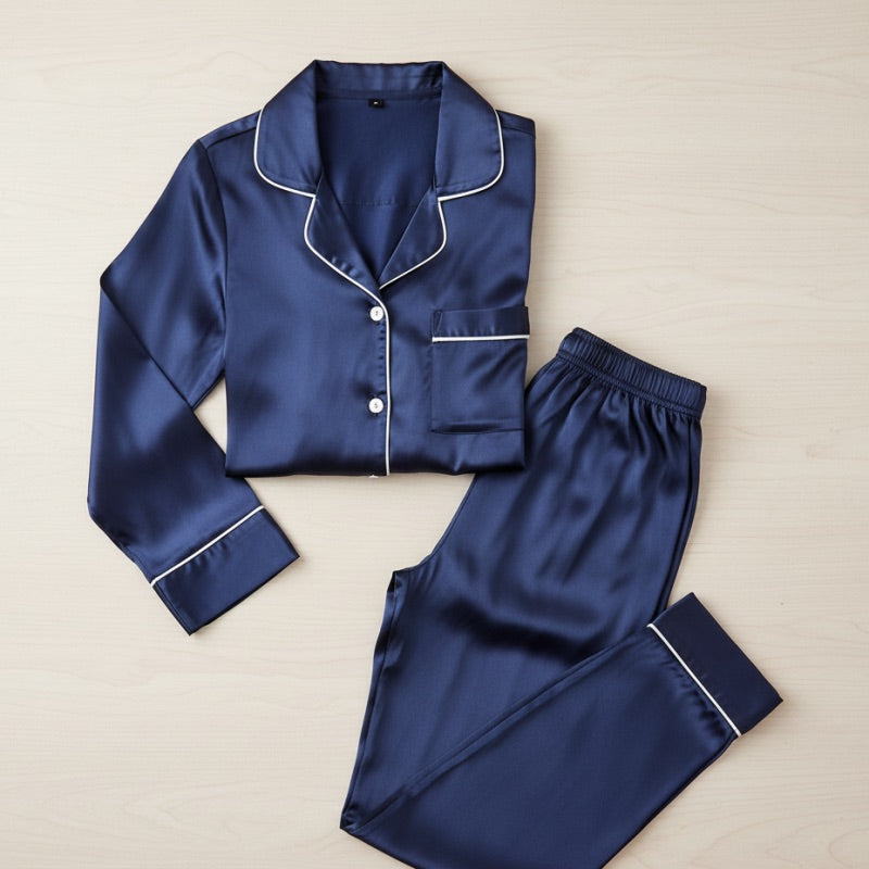 Blue satin pajama set with white piping on a beige background