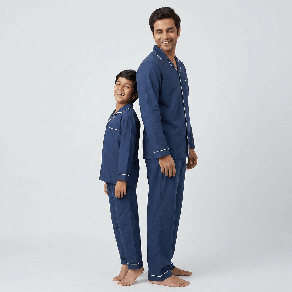 Navy Blue matching night suit for papa and his boy, styled together