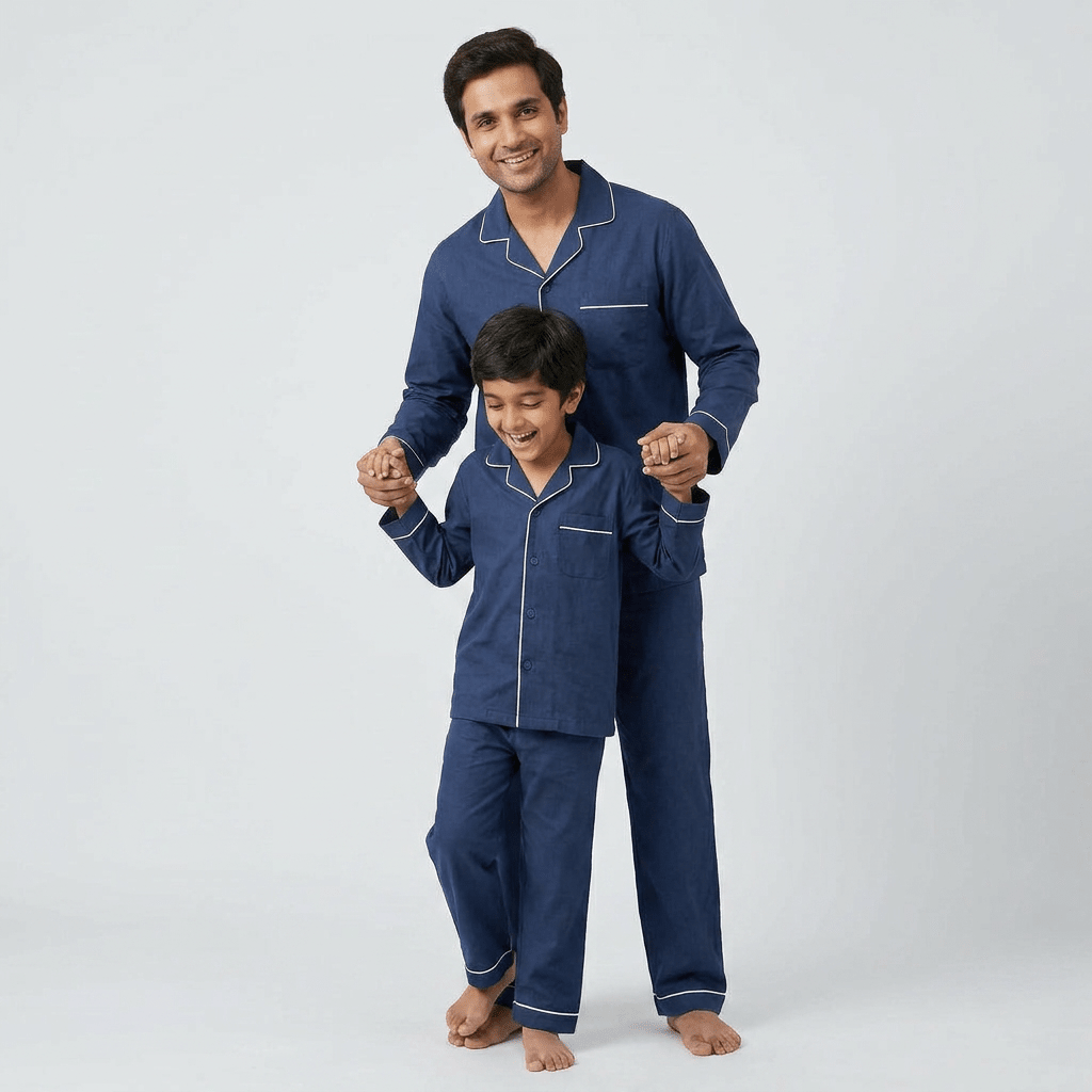 Father and son in matching Navy Blue night suit