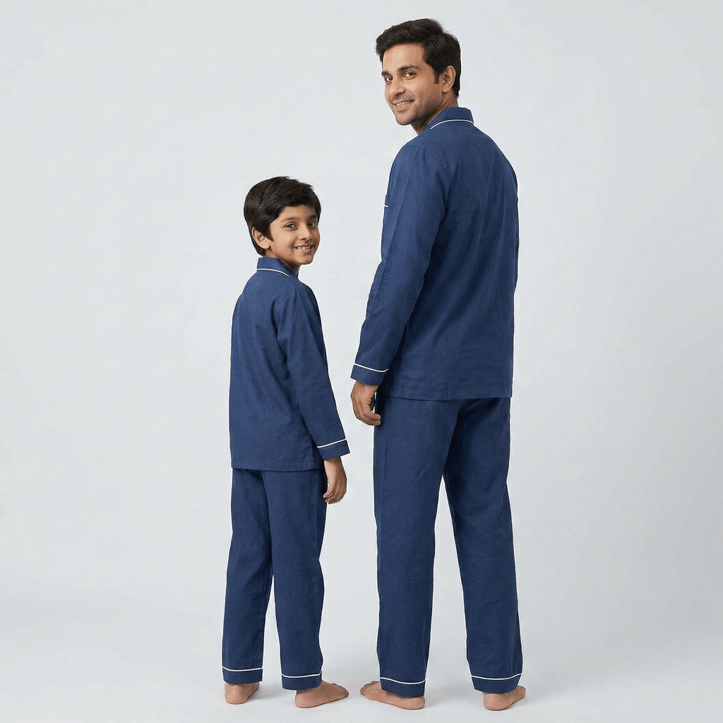 Navy Blue father son night suit worn together